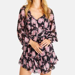 LoveShackFancy Popover Dress Black Silk Floral Tier Ruffle Feminine Girly Midi